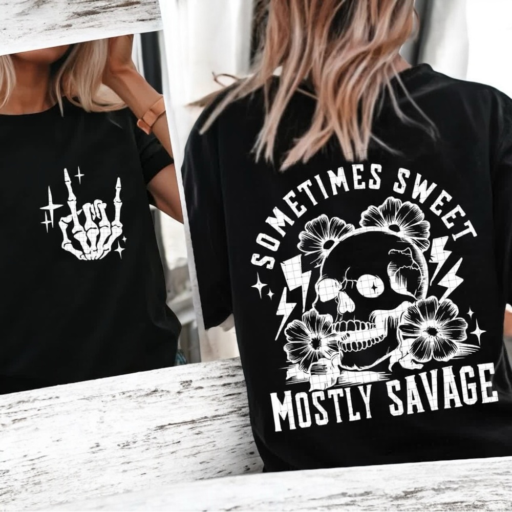 🪷 “Sometimes Sweet, Mostly Savage” Skull & Floral Front & Back Graphic Tee